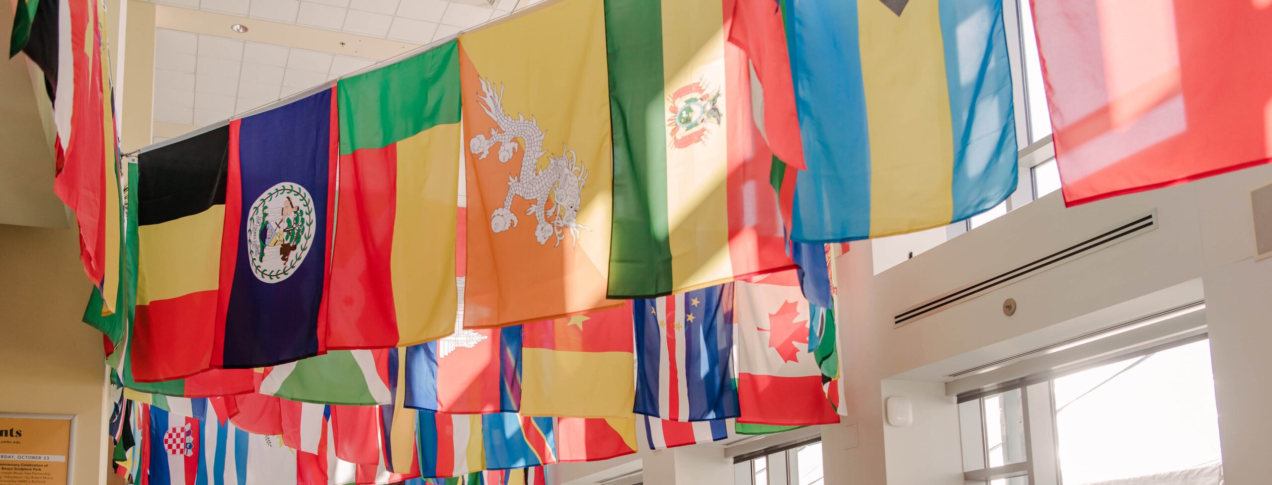 Country flags displayed at different angles on The Commons Market Street